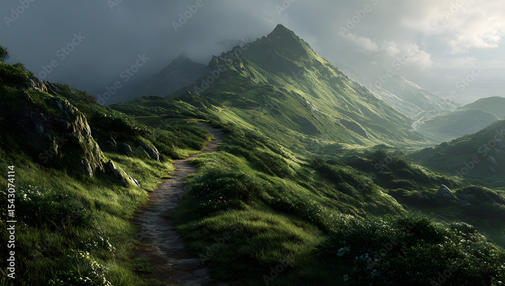 Fototapeta premium A mesmerizing mountain path illuminated by a glowing trail leads to the sky at dawn.