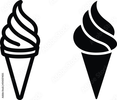 Two simple line art ice cream cone illustrations, one in white and one in black.