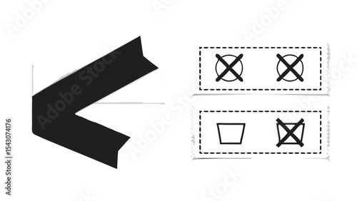 Illustration of black chevron shape and two laundry care instruction symbols on white background
