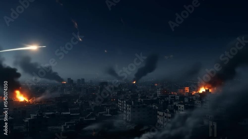 Aerial view of a devastated city at night under siege