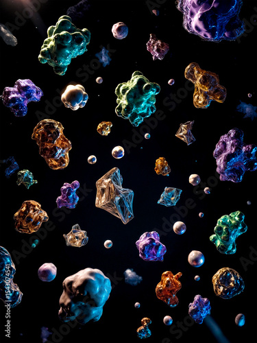 Colorful gems and spheres floating in dark space.