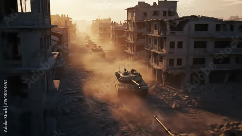 Desolate urban landscape war scene military vehicles in war torn city destroyed buildings aerial view sunrise or sunset