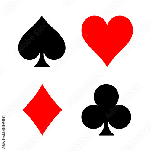 Four iconic poker suit symbols including spade, heart, diamond, and club are arranged neatly on a plain background, showcasing their design and vibrant colors. Casino gambling theme vector symbol.