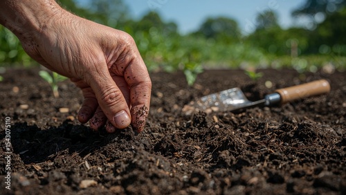 Hand seeding vegetable in organic garden soil
