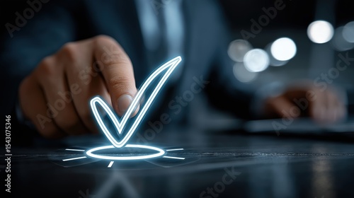 Business Verification: A close-up shot capturing a hand hovering over a glowing checkmark symbol, set against a blurred background, symbolizes approval, validation, and a job well done.