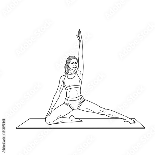 Woman practicing yoga pose with arm extended showcasing flexibility and strength on yoga mat