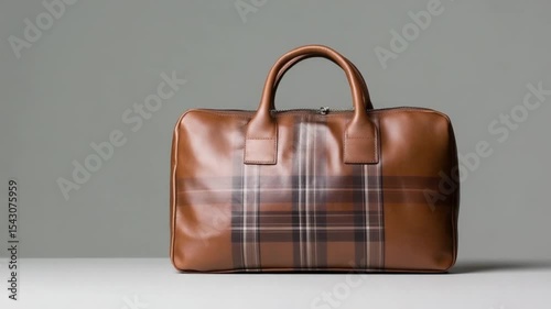 Stylish brown leather handbag with plaid design on a minimalist background, showcasing elegance