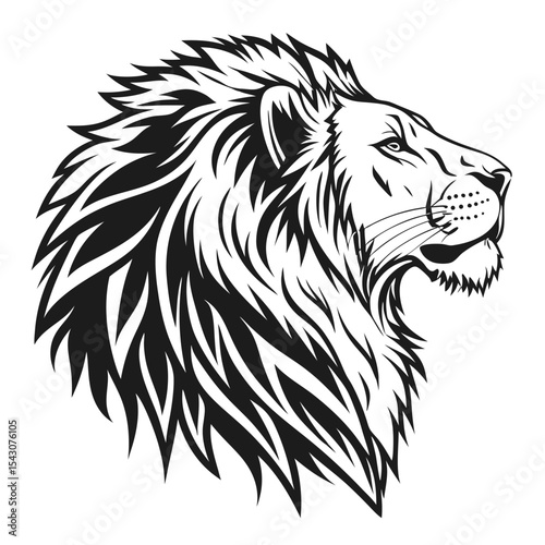 Black and white lion head shows powerful mane and focused gaze, facing right