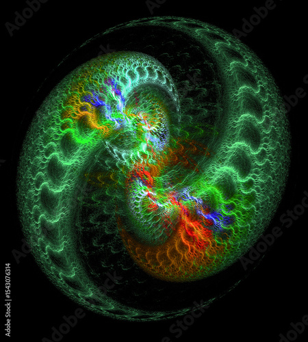Openwork rotating green, with red and blue accents, fractals on a black background. Fractals are similar in shape to yin and yang. 3D rendering. 3D illustration.