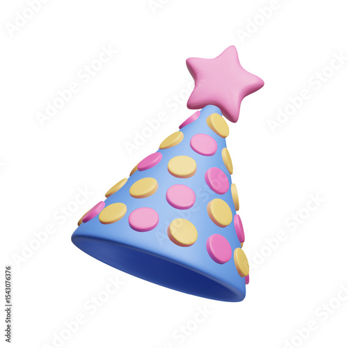 Dotted birthday cone hat with star pom pom 3D style vector icon. Colorful birthday surprise party decoration. Triangle cone birthday cap anniversary celebration 3D vector illustration.
