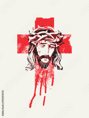 Easter banner with Christian Catholic cross on the shroud with a portrait of crying Jesus Christ in a crown of thorns with drops and stains of blood. Religious illustration, logo. Grunge t-shirt desig