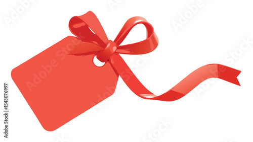 A red gift tag with a bow and ribbon attached isolated on a white plain background image view