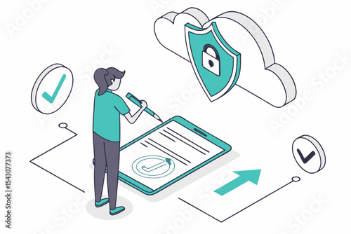 User signing digital document under secure cloud shield with checkmarks