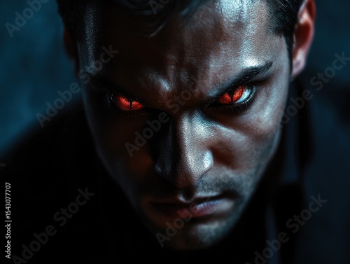 Vampire Male. Dark and Evil Monster Man with Red Eyes Posing on Black Background