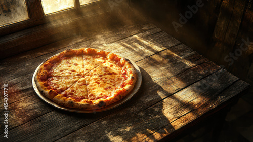 Artfully placed pizza on rustic table cozy setting high fidelity image warm ambiance