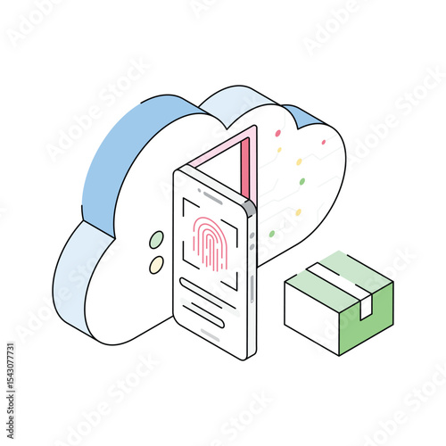 Easy to edit isometric icon showing cloud biometric verification