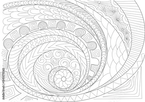 Intricate Abstract Line Art Pattern, Abstract black and white line drawing with complex interwoven patterns, perfect for coloring books, backgrounds, or design elements. Features swirling lines, 