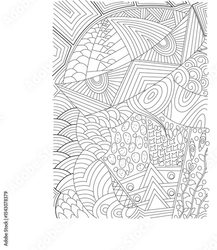 Intricate Abstract Line Art Pattern, Detailed black and white illustration featuring a complex composition of intricate abstract patterns, including geometric shapes, organic lines, waves, circles, 