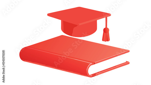 Illustration of a red graduation cap resting above a closed book with a matching red color