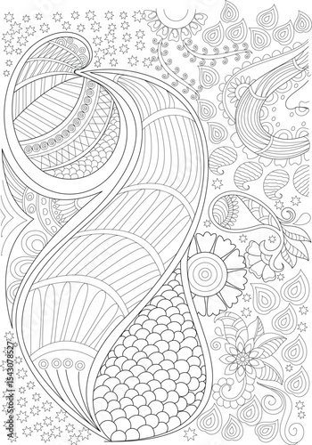 Intricate Abstract Paisley and Floral Doodle Pattern, Detailed black and white line art drawing featuring an intricate abstract pattern composed of paisley shapes, stylized flowers, swirling 