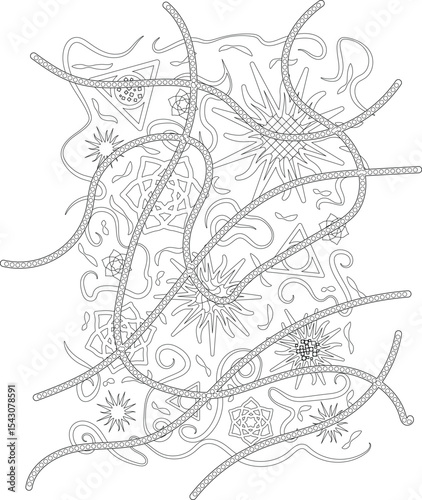 Intricate Abstract Patterns Line Art, Complex black and white line art illustration featuring intricate abstract patterns, stars, geometric shapes, and flowing lines connected by beaded elements. 