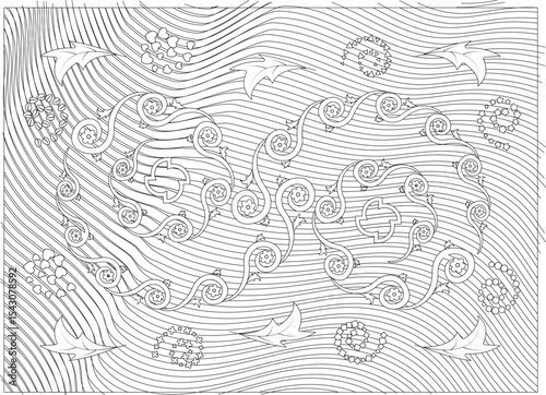 Intricate Abstract Line Art Pattern with Floral and Geometric Elements, A detailed black and white line drawing featuring an intricate abstract pattern. The design incorporates organic swirling 