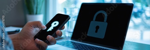 Mobile phone and laptop security illustration.
