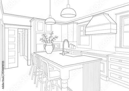 Kitchen Interior Design Line Drawing, Architectural line drawing illustration of a modern kitchen interior featuring an island with seating, sink, faucet, range hood, cabinets, and windows. This 