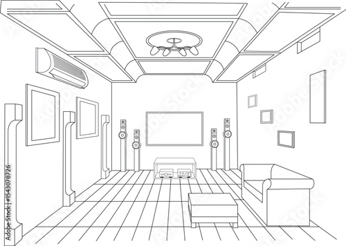 Line Art Home Theater Interior Design, Black and white line art illustration depicting a comfortable home theater room. Features include a large screen, surround sound speakers, entertainment 