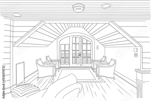 Line Drawing of Cozy Room Interior Design, Detailed black and white line drawing showcasing the interior design of a comfortable room. Features include furniture, arched french doors, a wooden 
