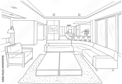 Modern Open Plan Interior Design Line Drawing, Line drawing illustration of a modern open plan living space, showing a living room area with furniture and transitioning into a kitchen and dining 