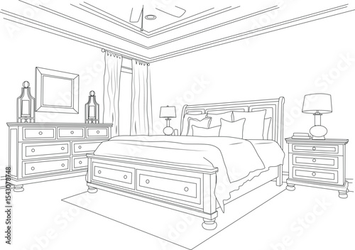 Bedroom Interior Line Drawing Illustration, Line drawing illustration of a classic residential bedroom interior with a bed, dresser, nightstand, lamps, curtains, ceiling fan, and rug. This 