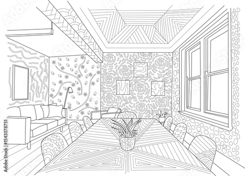 Detailed Line Art Interior Design Drawing, Black and white intricate line drawing illustrating a modern interior living and dining space filled with abstract patterns on walls, ceiling, floor, and 