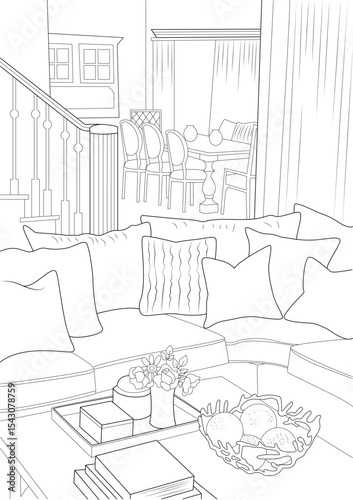 Interior Design Living Room and Dining Area Outline Illustration, Line art illustration of a comfortable home interior scene, featuring a living room with a large sectional sofa, pillows, coffee 