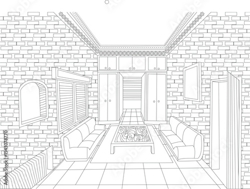Interior Design Line Art Sketch, Detailed black and white line art illustration depicting an empty living room interior with furniture, brick walls, and architectural details. Ideal for design 