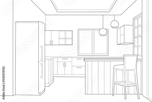 Modern Kitchen Interior Line Drawing, Outline sketch of a contemporary kitchen interior layout. The illustration shows essential elements including kitchen cabinets, a refrigerator, an island or 