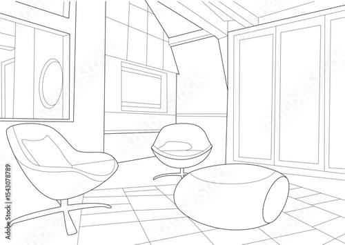 Modern Abstract Interior Design Sketch, Abstract line drawing illustration of a modern or futuristic interior space featuring stylized furniture like chairs and a coffee table, along with 