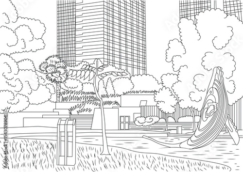 KLCC Park Line Art Illustration, Black and white line drawing illustration of KLCC Park in Kuala Lumpur, Malaysia, featuring a view of a modern building, trees, bushes, water, and a sculptural 