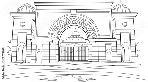 Istana Negara Palace Gate Line Drawing, Simple black and white line art drawing of the main gate of Istana Negara, the National Palace of Malaysia in Kuala Lumpur. Architectural sketch style 