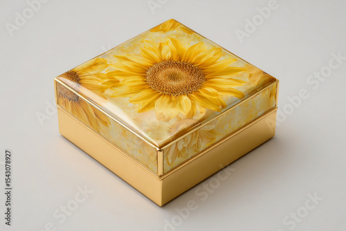 A photorealistic brass memory box with polished golden finish