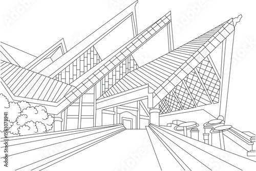 Istana Budaya, Kuala Lumpur - Minimalist Line Art, Minimalist black and white line drawing illustration of Istana Budaya (Palace of Culture) in Kuala Lumpur, Malaysia, a prominent landmark and 