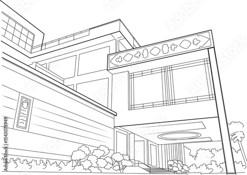 Islamic Arts Museum Malaysia Line Art, Black and white line art drawing of the Islamic Arts Museum Malaysia building in Kuala Lumpur. 