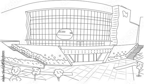 Kidzania Kuala Lumpur Building Line Art Illustration, Black and white line drawing illustration of the exterior facade of the Kidzania building in Kuala Lumpur, Malaysia. Depicts the unique 