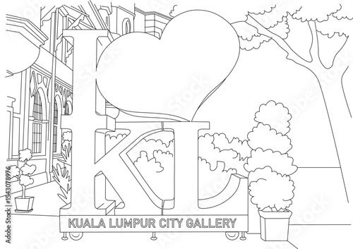 I Love KL Sign Line Art, Black and white line drawing of the iconic 'I Love KL' sign located at the Kuala Lumpur City Gallery in Malaysia. This illustration captures the famous landmark sign with 