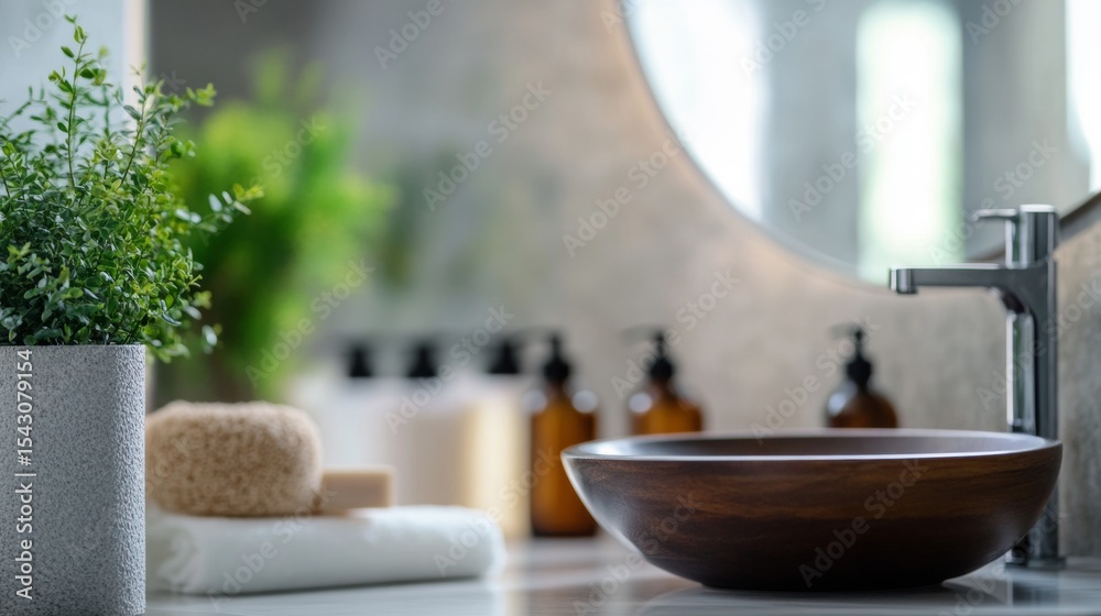 Modern bathroom interior with sink mirror and plant natural sunlight clean design luxury wellness home style Modern bathroom interior with sink mirror and plant natural sunlight clean design luxury wellness home style