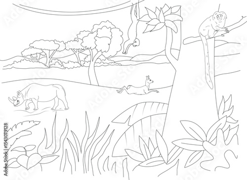 Jungle Animals Coloring Page Illustration, Black and white line art illustration of a jungle or safari scene featuring a rhino, a deer or antelope, and a monkey. Ideal for children's coloring books, 