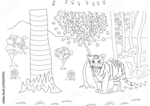 Cute Tiger Cub in Jungle Line Art, Black and white outline drawing of a young tiger cub standing in a jungle scene. Features include trees, plants, animal tracks on the ground, and a mountainous 