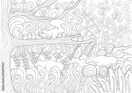Abstract Jungle Scene with Squirrel and Oryx, Stylized line art illustration of a vibrant jungle ecosystem featuring a squirrel perched on a branch above a group of oryx-like animals amidst lush 