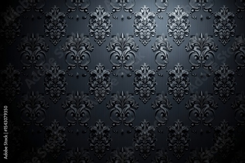 Elegant Dark Damask Print Fabric with Timeless Fleur de Lis Motif on Rich Black Textured Background photo