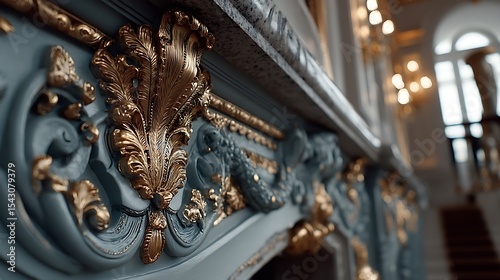 the image focuses on a highly decorated fireplace mantel. the mantel is painted in a pale shade, with ornate carvings highlighted in gold
